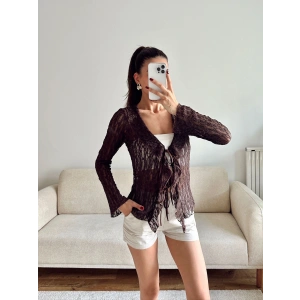 Ön Bağlamalı Dantel Hırka - KAHVE