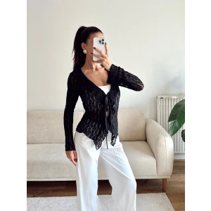 Ön Bağlamalı Dantel Hırka - SİYAH