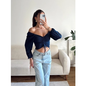 Ön Büzgülü Balon Kol Crop - LACİVERT