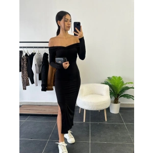 Ön Büzgülü Madonna Yırtmaçlı Elbise - SİYAH