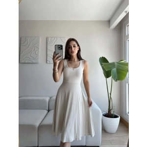 Oval Yaka Ribana Fit Elbise - BEJ