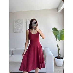 Oval Yaka Ribana Fit Elbise - BORDO