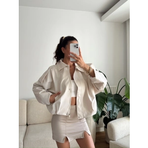 Oversize Bel Lastik Deri Ceket - BEJ