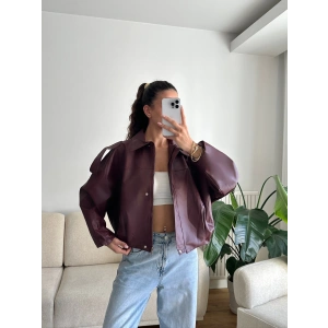 Oversize Bel Lastik Deri Ceket - BORDO