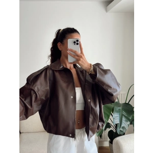 Oversize Bel Lastik Deri Ceket - KAHVE