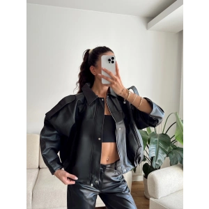 Oversize Bel Lastik Deri Ceket - SİYAH