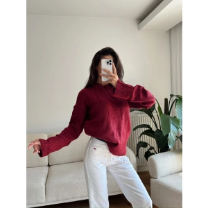 Oversize Bisiklet Yaka Kazak - BORDO