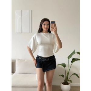 Oys Kumaş Yarasa Kol Bluz - BEYAZ