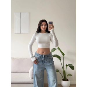 Parmak Geçmeli Bisiklet Yaka Crop - BEYAZ