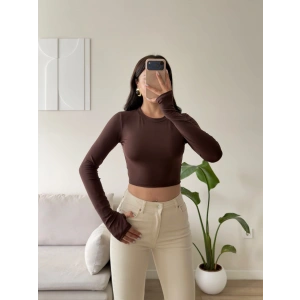 Parmak Geçmeli Bisiklet Yaka Crop - KAHVE