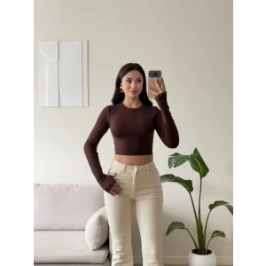 Parmak Geçmeli Bisiklet Yaka Crop - KAHVE