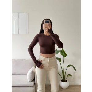 Parmak Geçmeli Bisiklet Yaka Crop - KAHVE