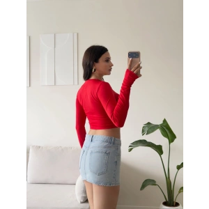 Parmak Geçmeli Bisiklet Yaka Crop - KIRMIZI