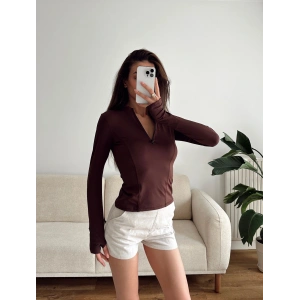 Parmak Geçmeli Fermuar Crop - KAHVE