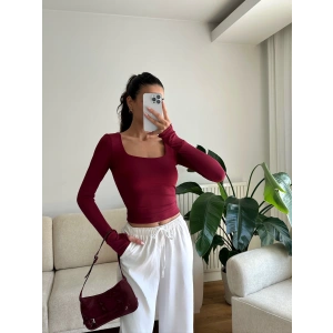 Parmak Geçmeli Kare Yaka Crop - BORDO