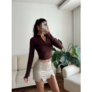 Parmak Germeli Fermuar Crop - KAHVE