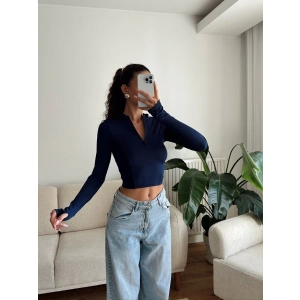 Parmak Germeli Fermuar Crop - LACİVERT