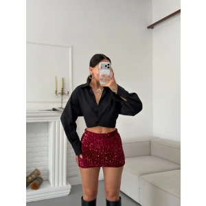 Payetli Şort Etek - BORDO