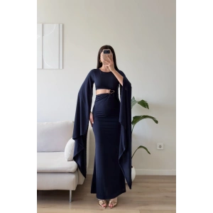 Pelerin Kol Tokalı Maxi Elbise - LACİVERT