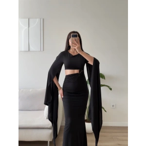 Pelerin Kol Tokalı Maxi Elbise - SİYAH