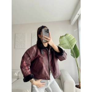 Astarlı Peluş Detay Deri Ceket - BORDO