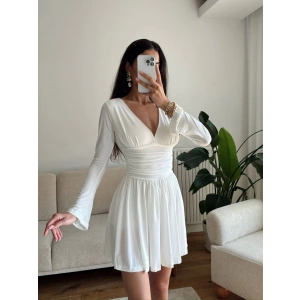 Pileli Kruvaze Şortlu Elbise - BEYAZ