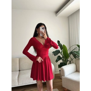 Pileli Kruvaze Şortlu Elbise - KIRMIZI