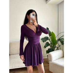 Pileli Kruvaze Şortlu Elbise - MOR