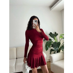 Pileli Yan Büzgü Elbise - BORDO