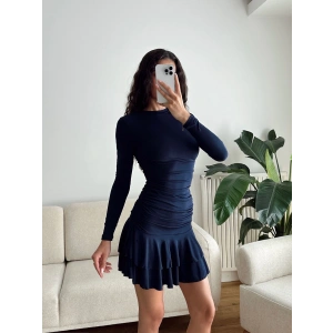 Pileli Yan Büzgü Elbise - LACİVERT