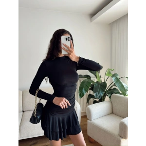 Pileli Yan Büzgü Elbise - SİYAH