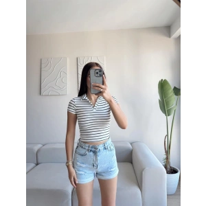 Polo Yaka Çizgili Crop - BEYAZ