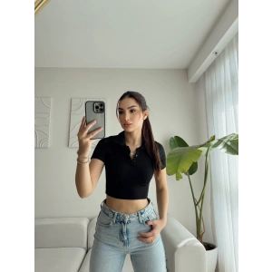 Polo Yaka Düğmeli Crop - SİYAH