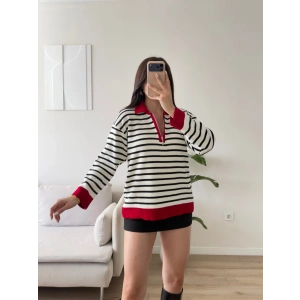Polo Yaka Fermuar Çizgili Sweat - KIRMIZI