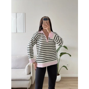 Polo Yaka Fermuar Çizgili Sweat - PEMBE