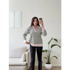Polo Yaka Fermuar Çizgili Sweat - PEMBE