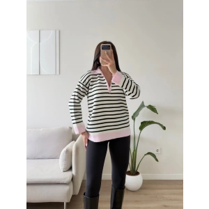 Polo Yaka Fermuar Çizgili Sweat - PEMBE