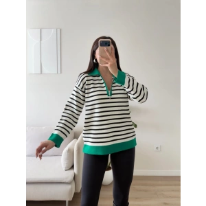 Polo Yaka Fermuar Çizgili Sweat - YEŞİL