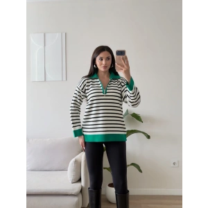 Polo Yaka Fermuar Çizgili Sweat - YEŞİL
