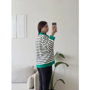 Polo Yaka Fermuar Çizgili Sweat - YEŞİL
