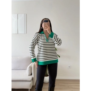 Polo Yaka Fermuar Çizgili Sweat - YEŞİL