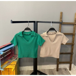 Polo Yaka Kaşkorse Crop-YEŞİL