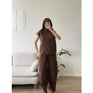 Poplin Balon Pantolon Takım - KAHVE