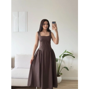 Poplin Kare Yaka Prenses Elbise - KAHVE