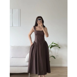 Poplin Kare Yaka Prenses Elbise - KAHVE