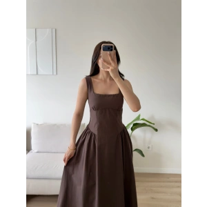Poplin Kare Yaka Prenses Elbise - KAHVE