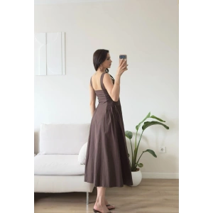 Poplin Kare Yaka Prenses Elbise - KAHVE