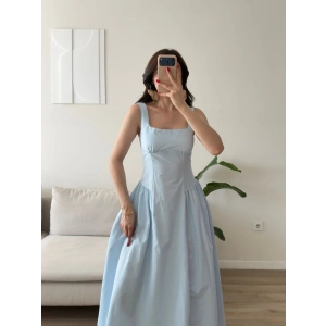 Poplin Kare Yaka Prenses Elbise - MAVİ