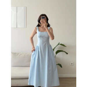 Poplin Kare Yaka Prenses Elbise - MAVİ