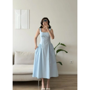 Poplin Kare Yaka Prenses Elbise - MAVİ